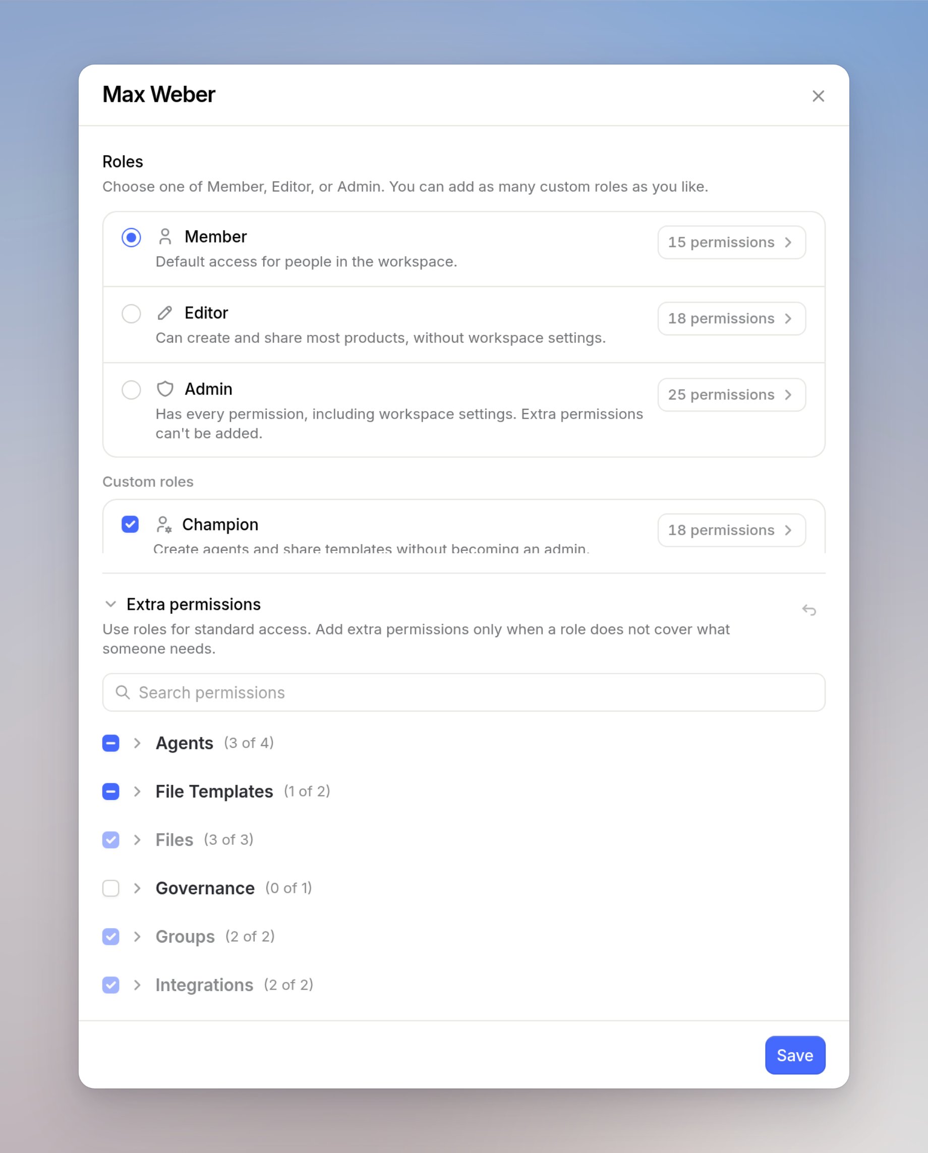 Edit access drawer for Max Weber with Member selected, Champion custom role checked, and extra permissions expanded by area