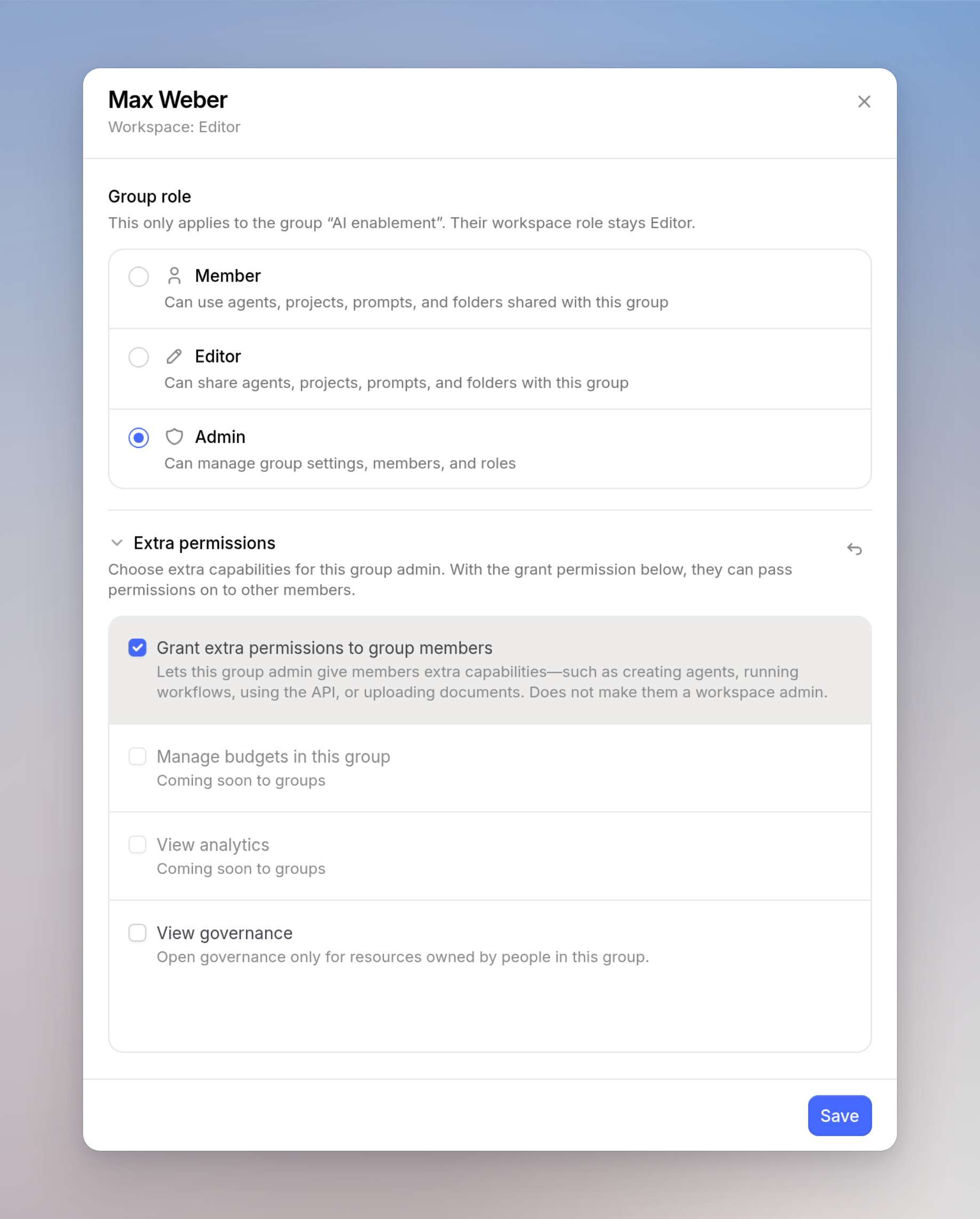 Group access for Max Weber in AI enablement with group role Admin and Grant extra permissions to group members turned on