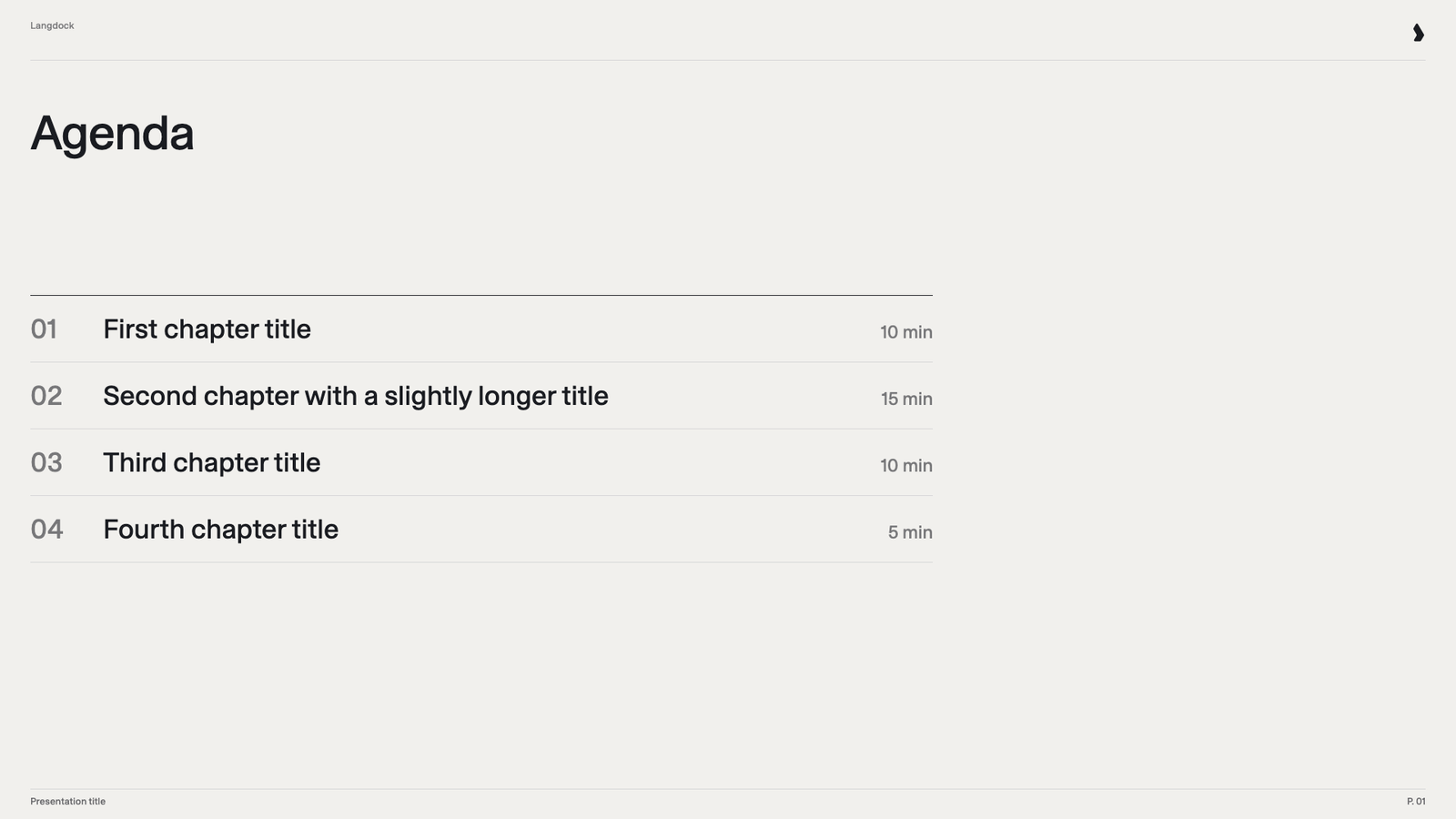 Agenda built from text rows with chapter titles and durations