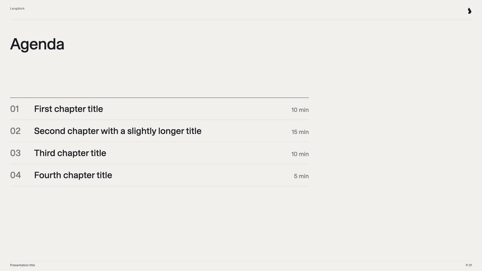 Agenda built from text rows with chapter titles and durations