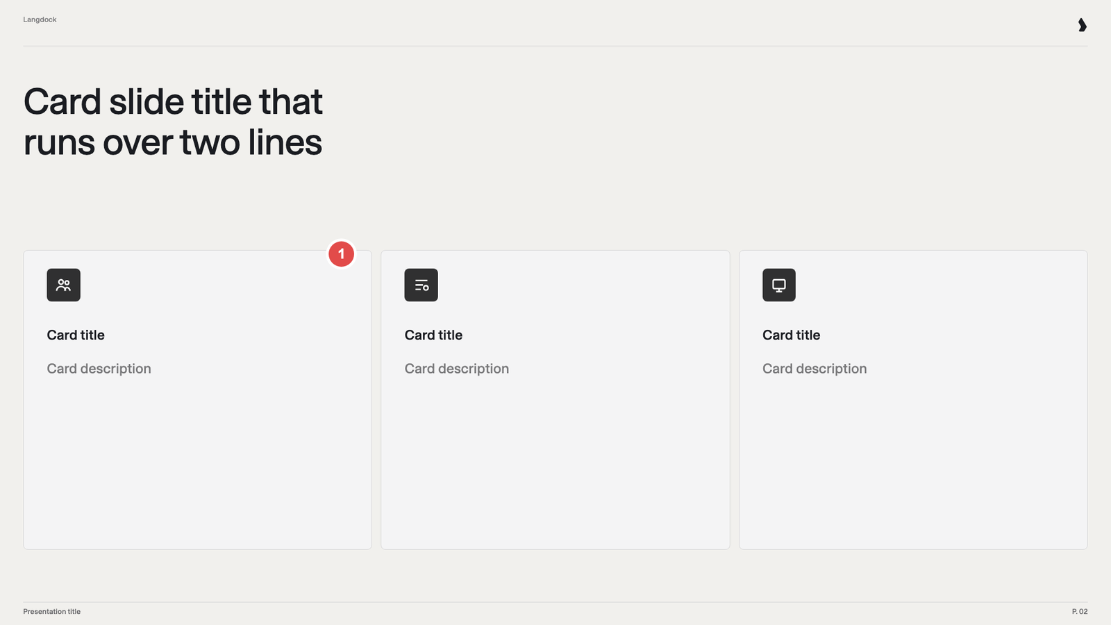 Three cards with only a card title and a card description, marked 1