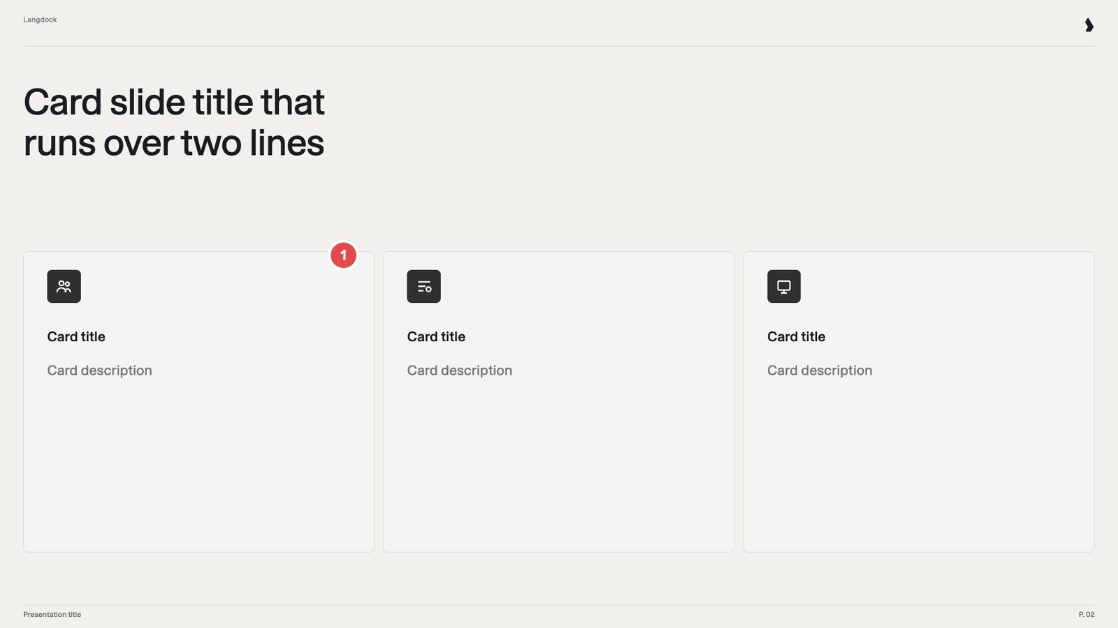 Three cards with only a card title and a card description, marked 1