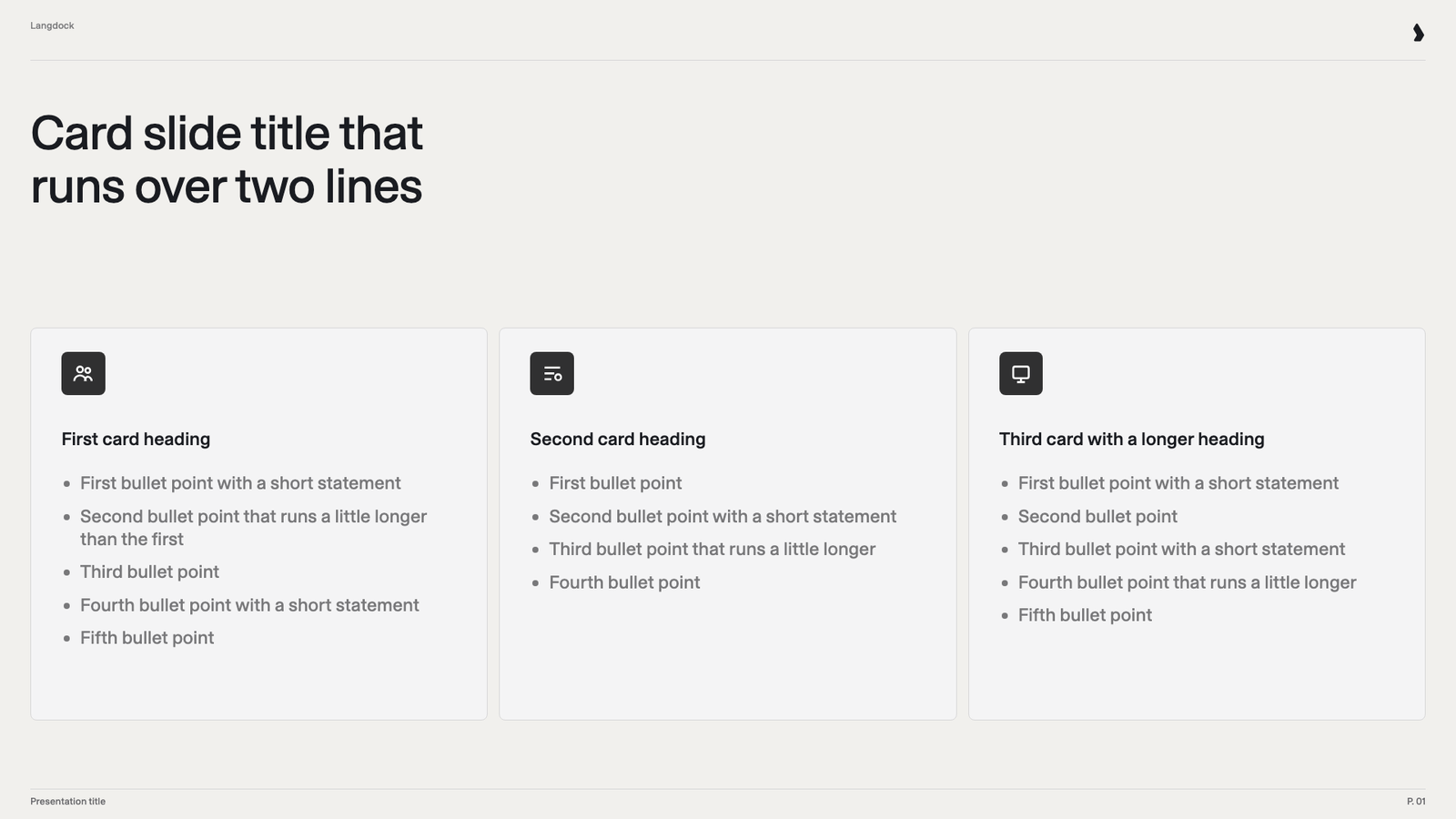 Three cards with a heading and four to five bullet points each