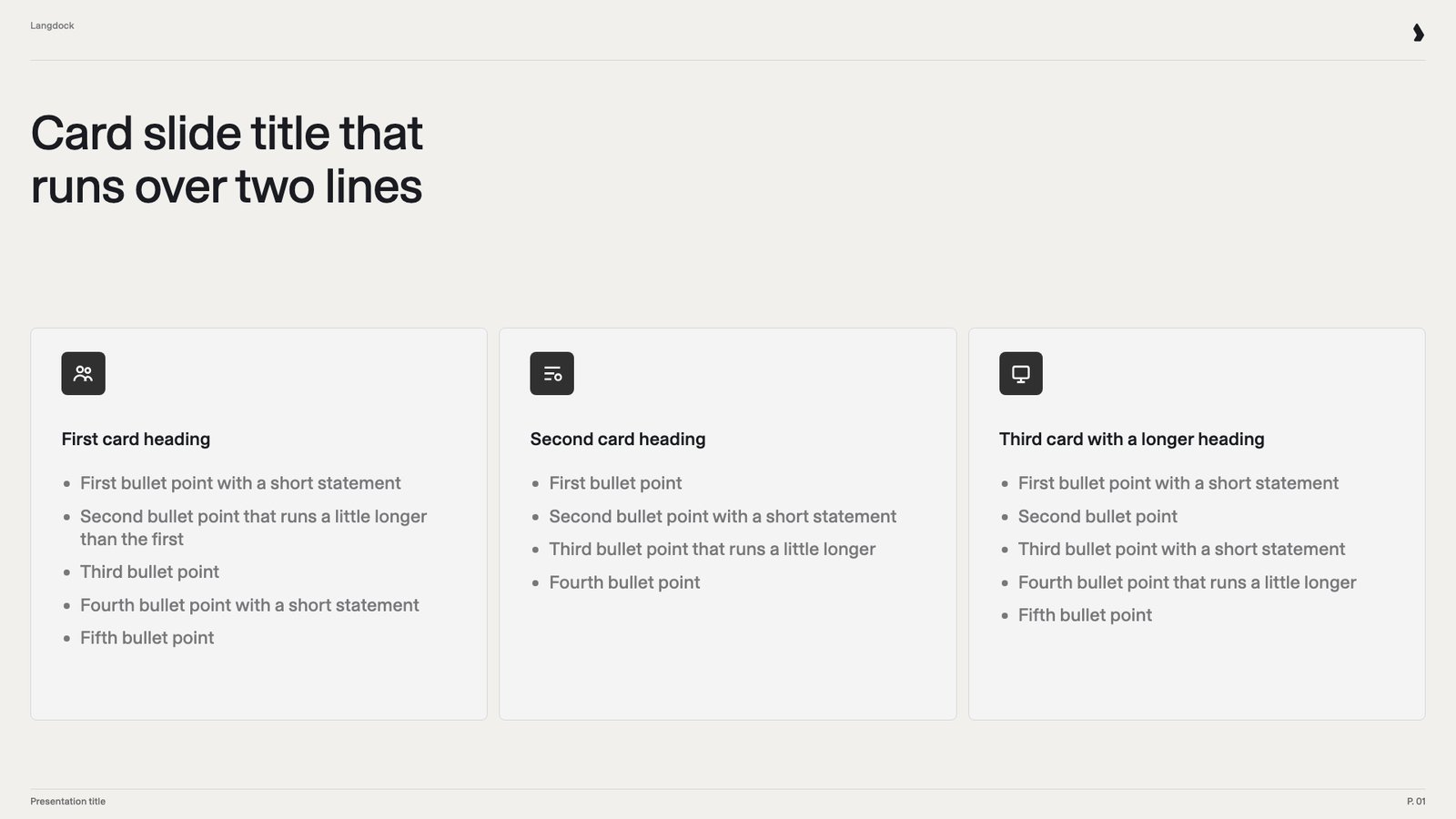 Three cards with a heading and four to five bullet points each