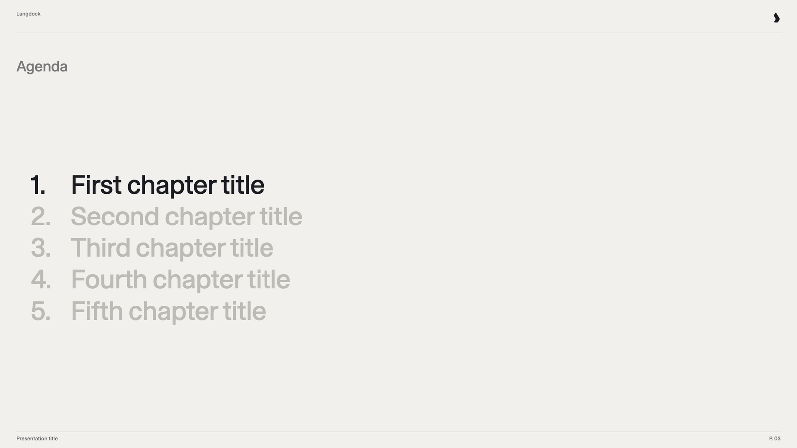 Agenda slide with five numbered chapters, the first highlighted