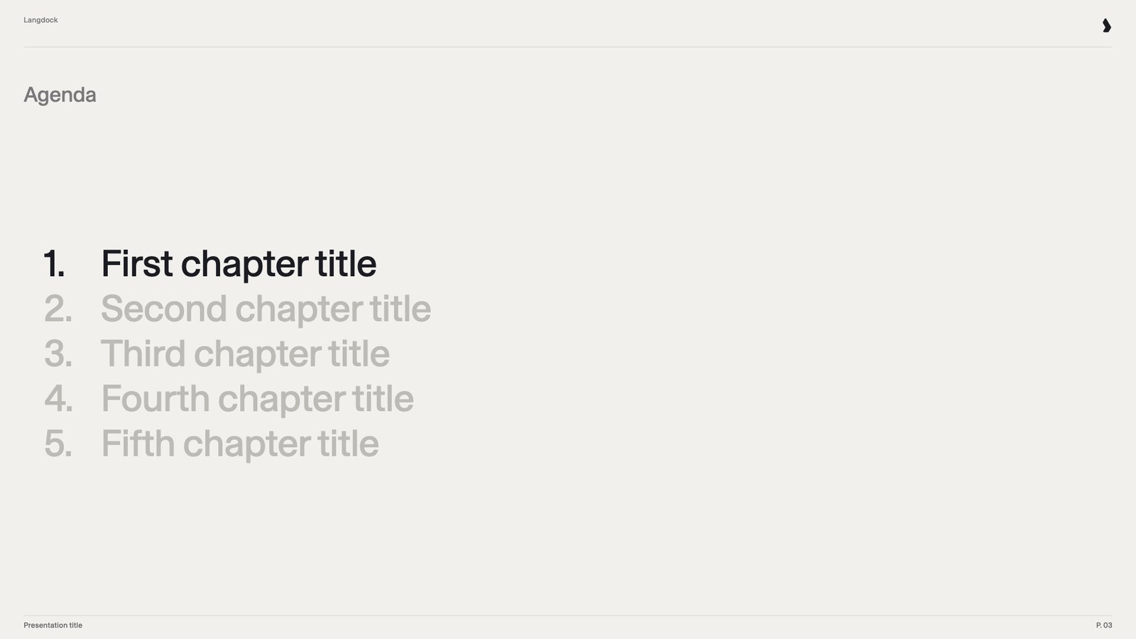 Agenda slide with five numbered chapters, the first highlighted