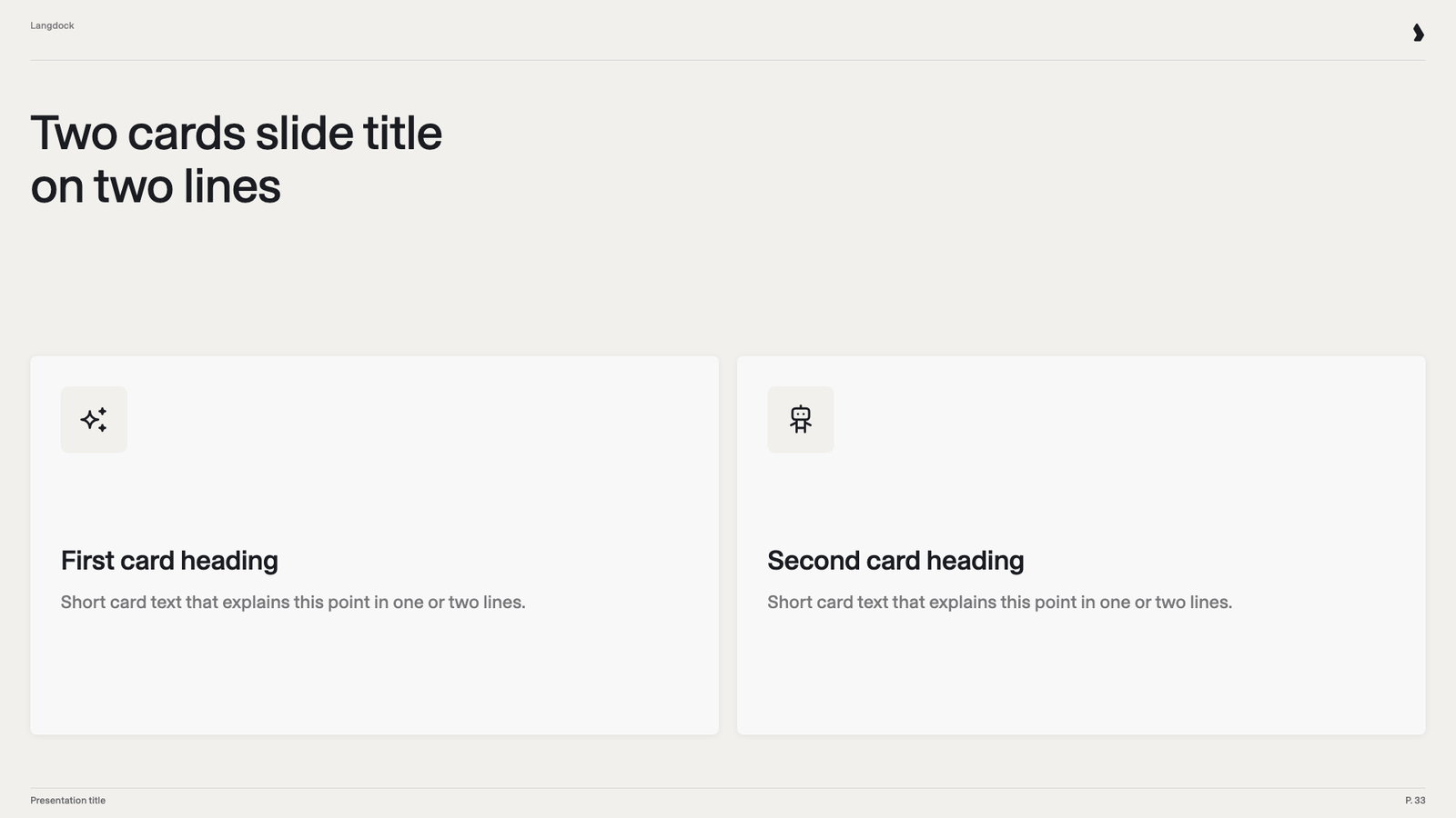 Slide with two cards, each with an icon, a heading and a short text