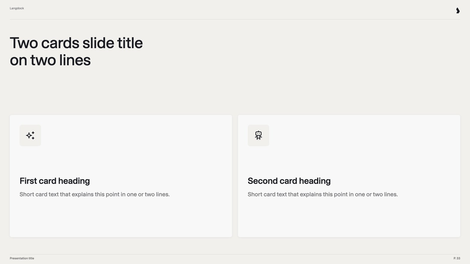 Slide with two cards, each with an icon, a heading and a short text