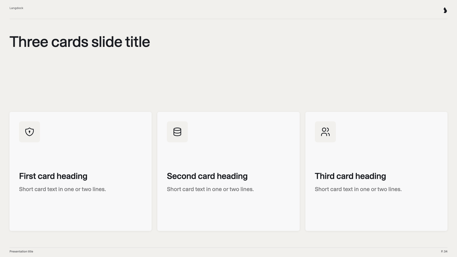 Slide with three cards, each with an icon, a heading and a short text