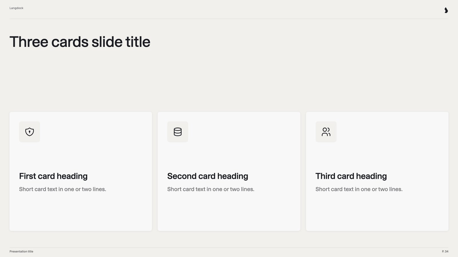 Slide with three cards, each with an icon, a heading and a short text