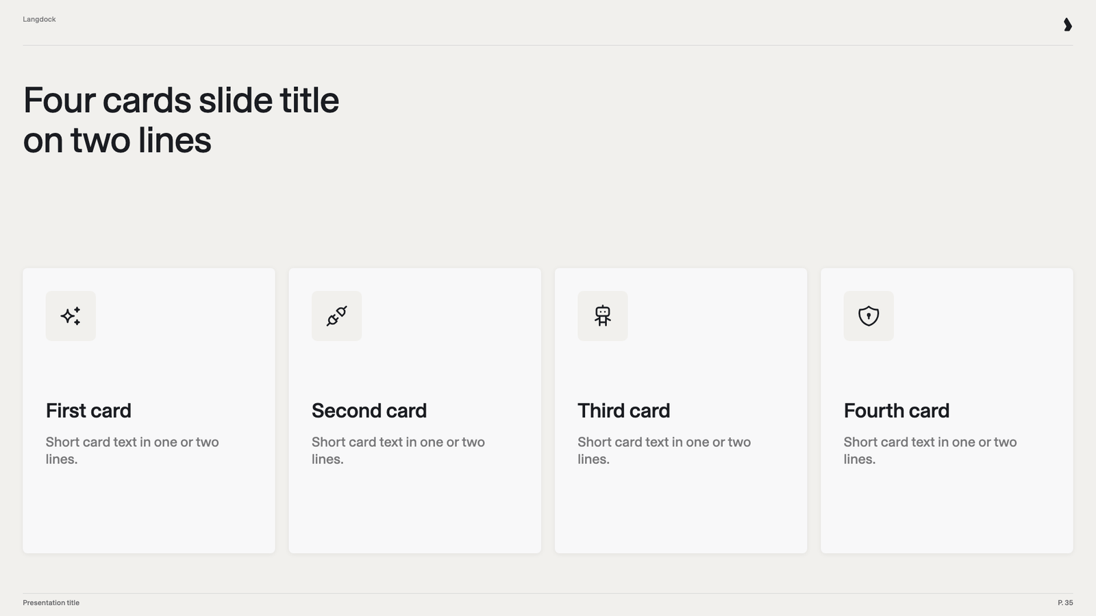 Slide with four cards, each with an icon, a heading and a short text