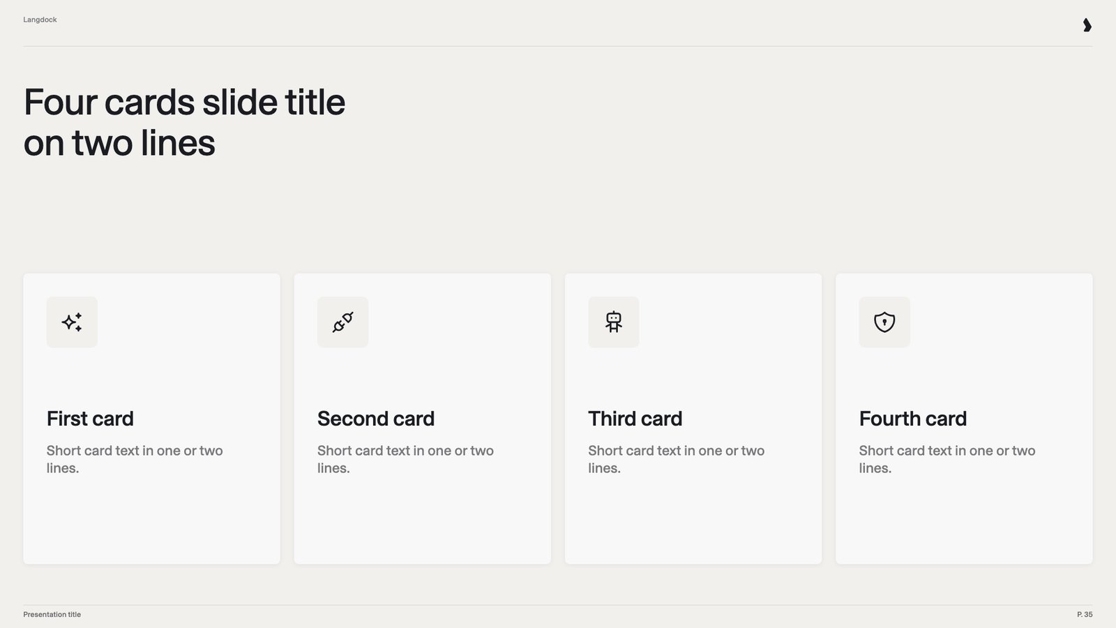 Slide with four cards, each with an icon, a heading and a short text