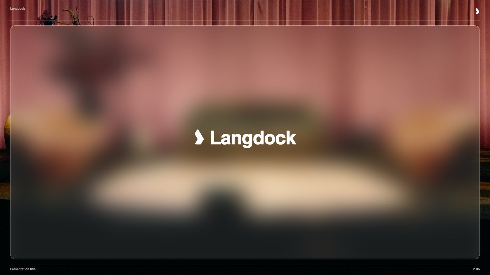 Closing slide with a stage photo behind a blurred glass panel and the centered company logo