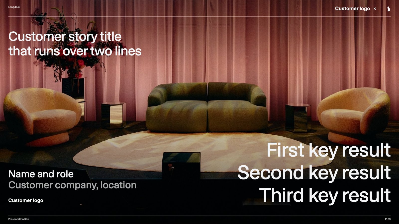 Customer story slide with a dark stage photo, a customer logo placeholder, a title and three key results