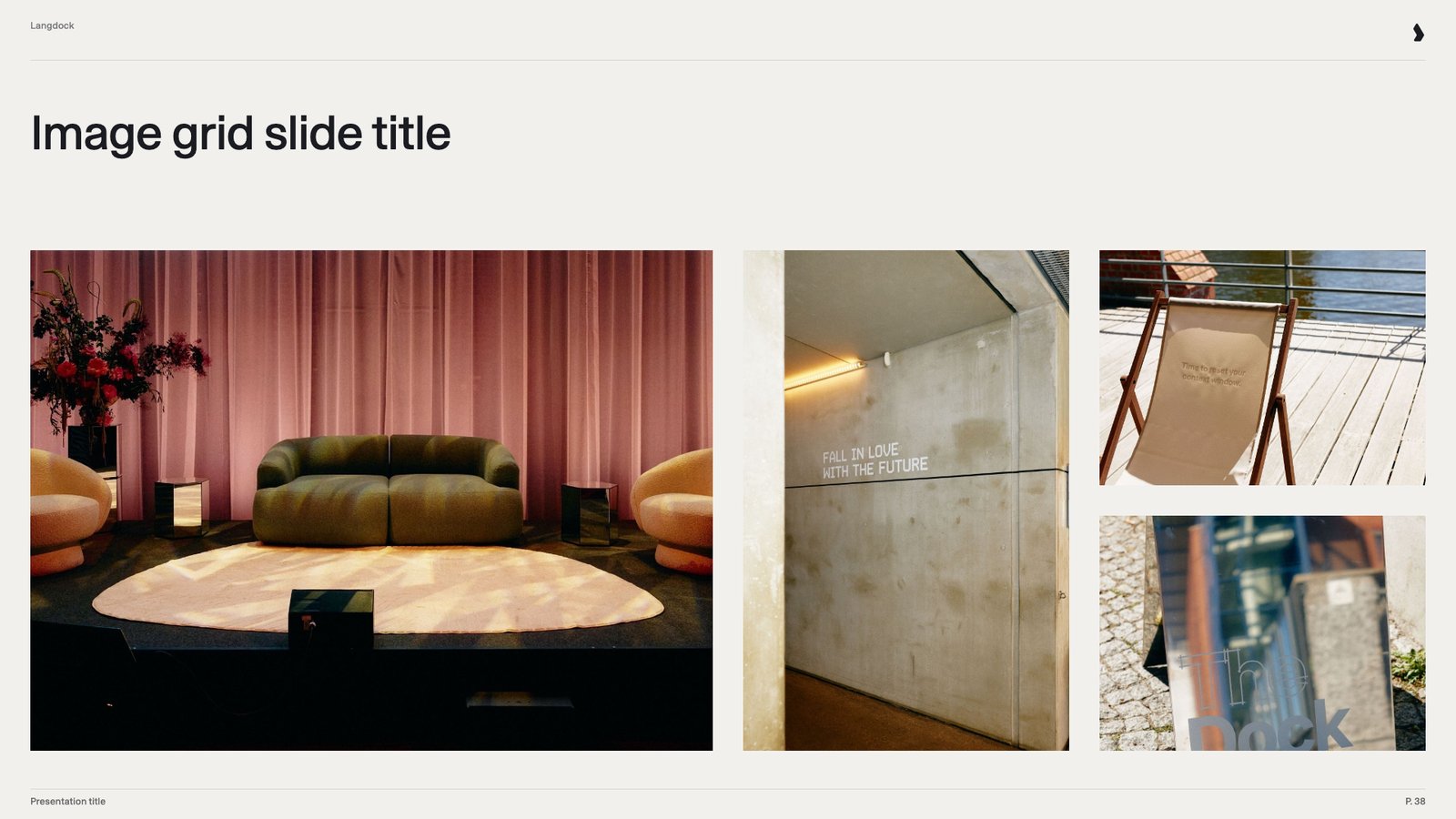 Image grid slide with a large stage photo and three smaller photos under a title
