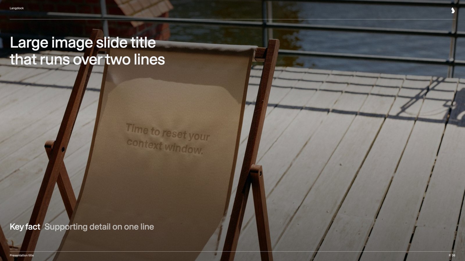 Slide with a full-bleed photo of a deck chair, a white two-line title and a key fact line