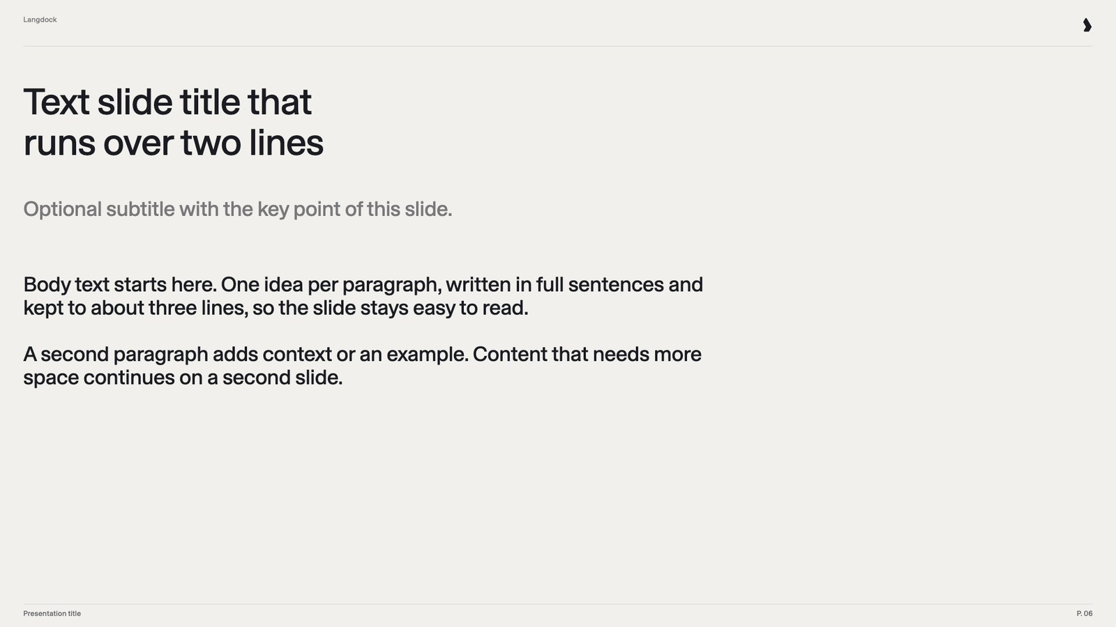 Text slide with a two-line title, a gray subtitle and two short paragraphs