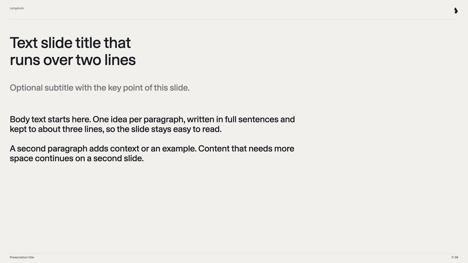 Text slide with a two-line title, a gray subtitle and two short paragraphs