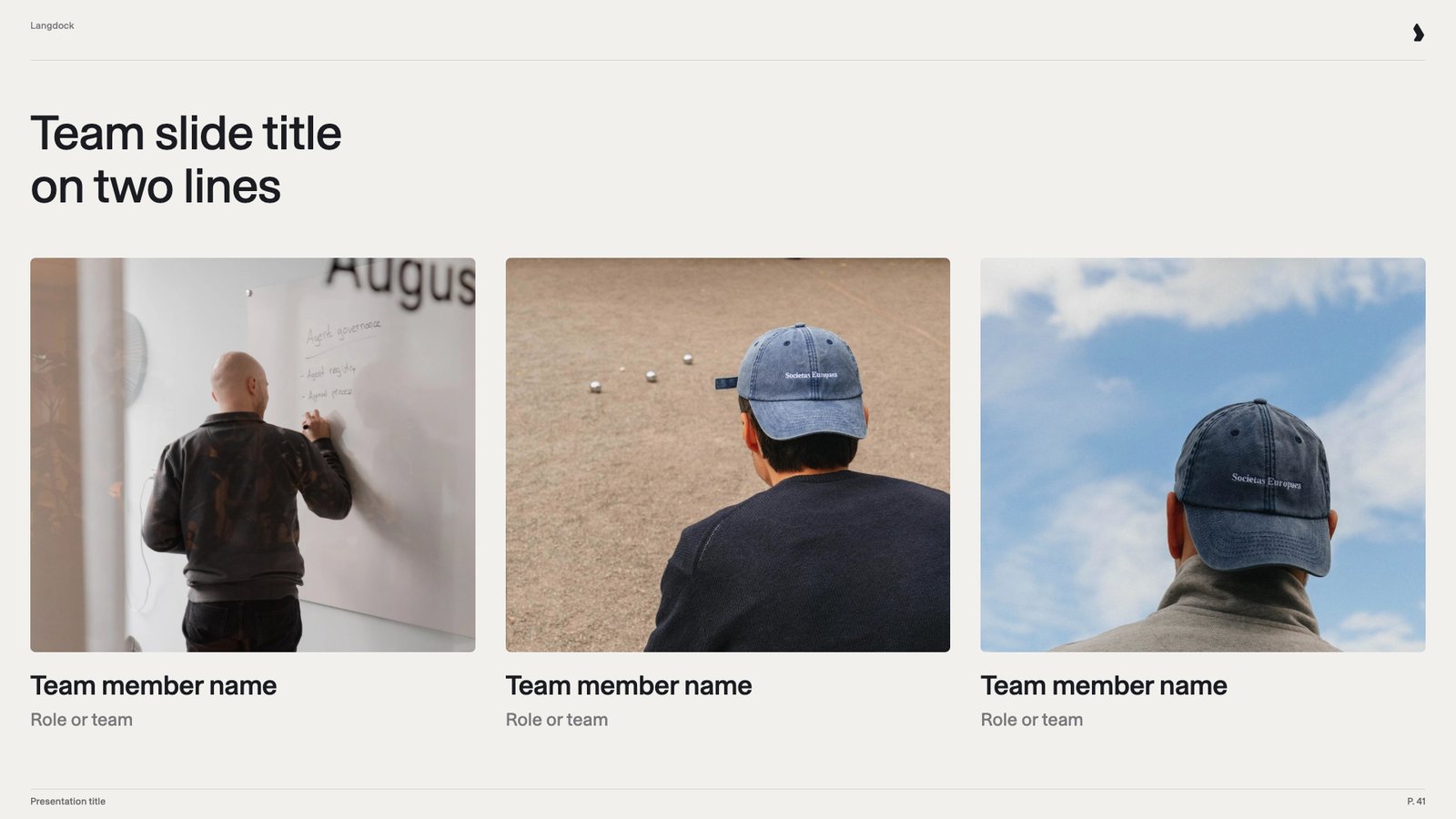 Team slide with three photos of people seen from behind, each with a name and role