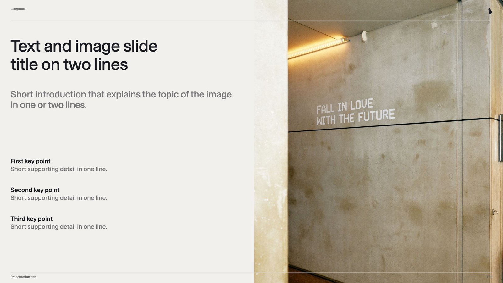 Slide with a title, an introduction and three key points on the left and a photo of a concrete wall on the right half