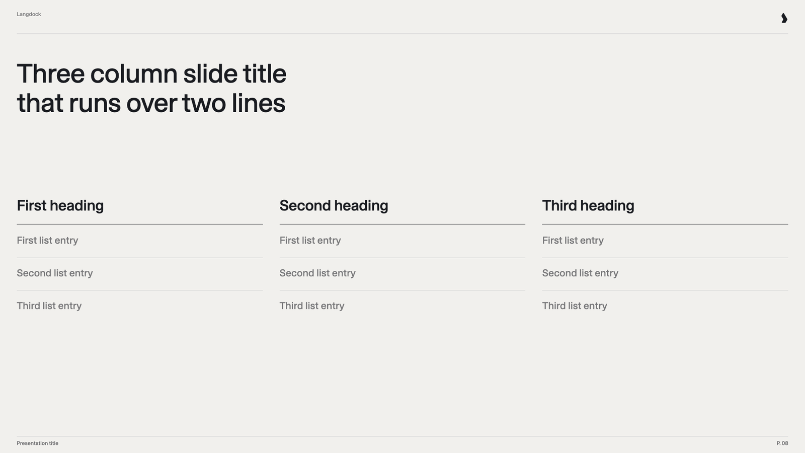 Three-column slide with ruled headings and three list entries per column