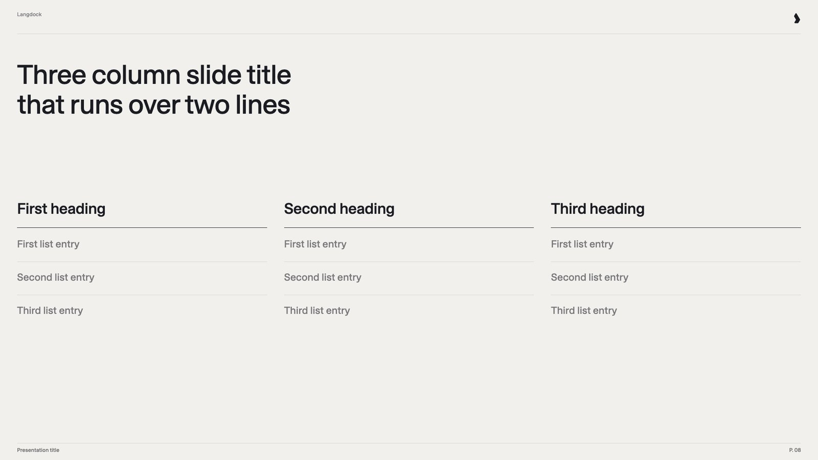 Three-column slide with ruled headings and three list entries per column