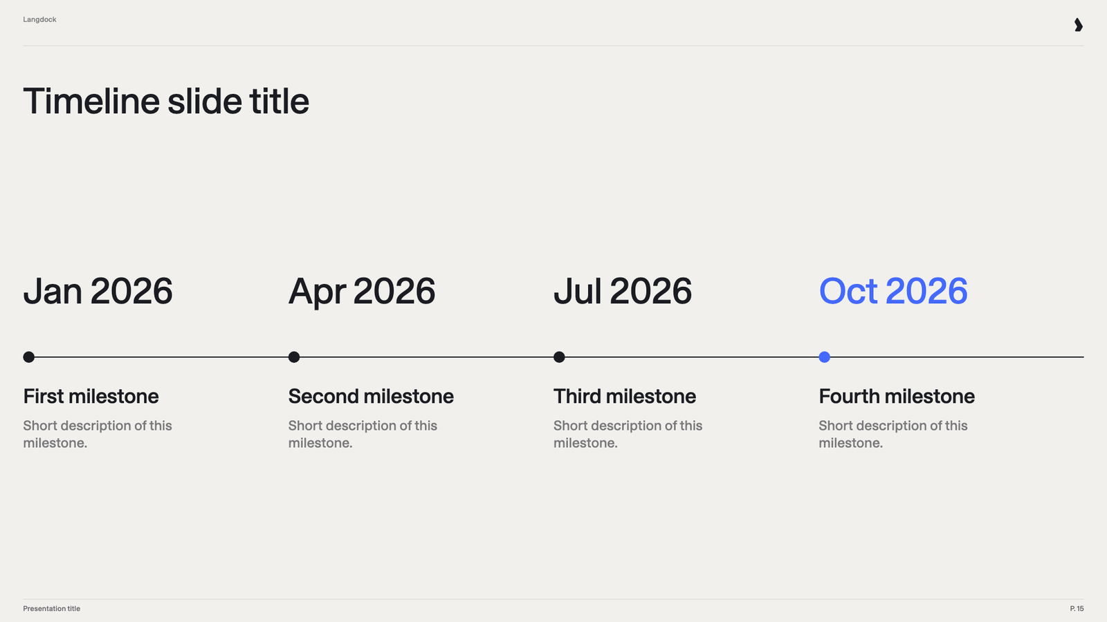 Timeline slide with four large dates on a line, each with a milestone and description