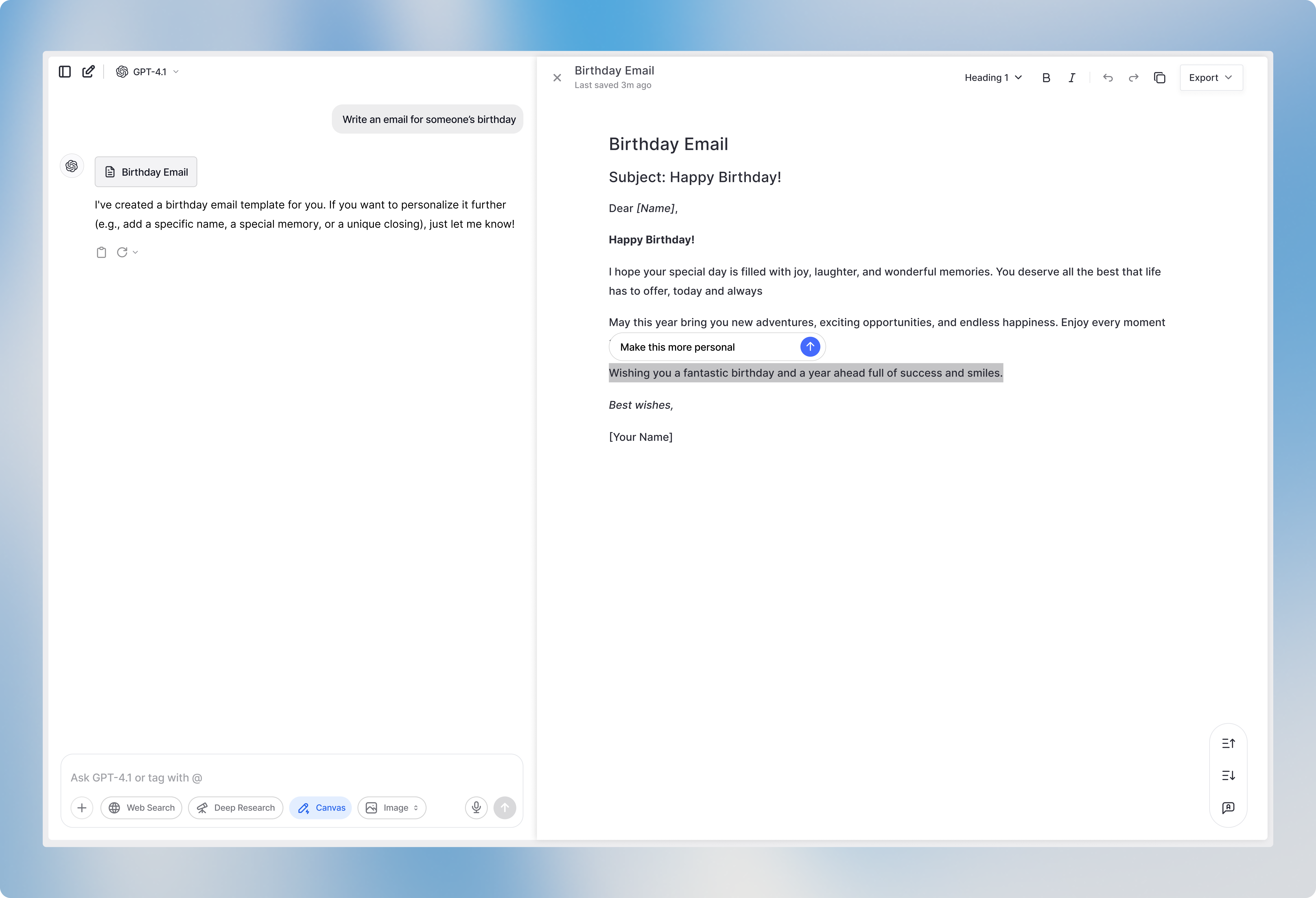 Image shows AI assisted in-line editing in Canvas