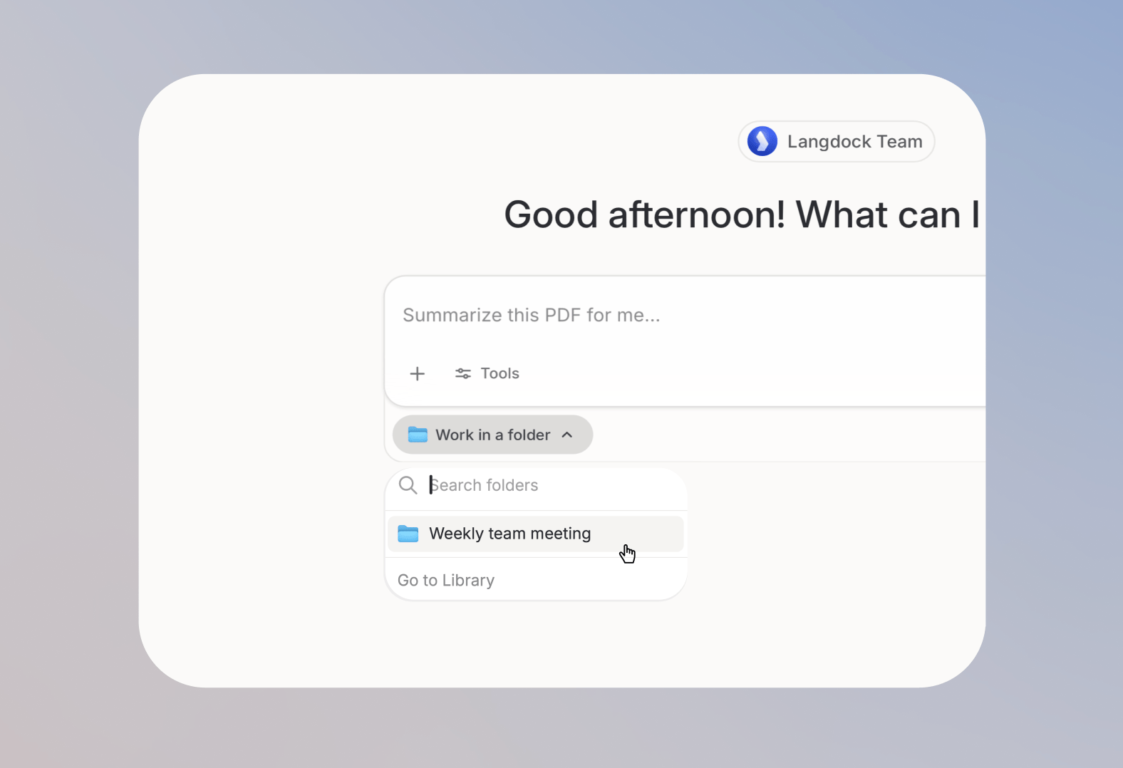 Chat input with Work in a folder open and Weekly team meeting selected