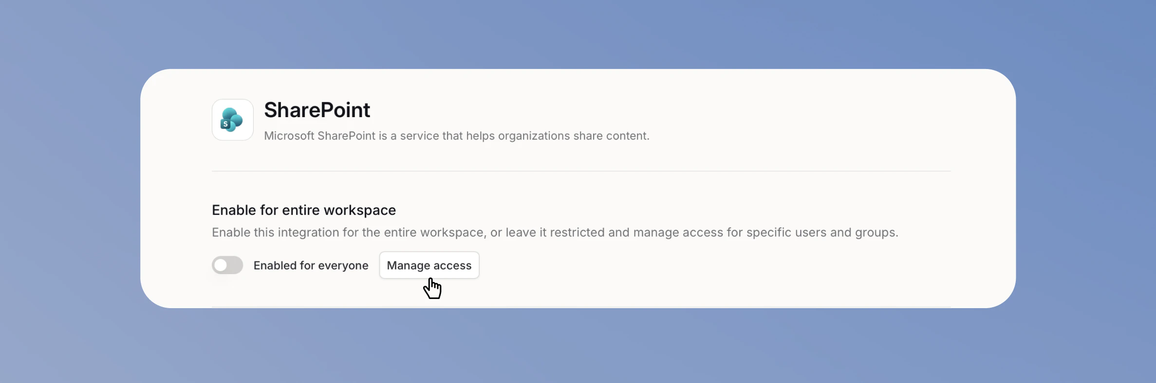 Schalter Für gesamten Workspace aktivieren ausgeschaltet, daneben der Button Zugriff verwalten