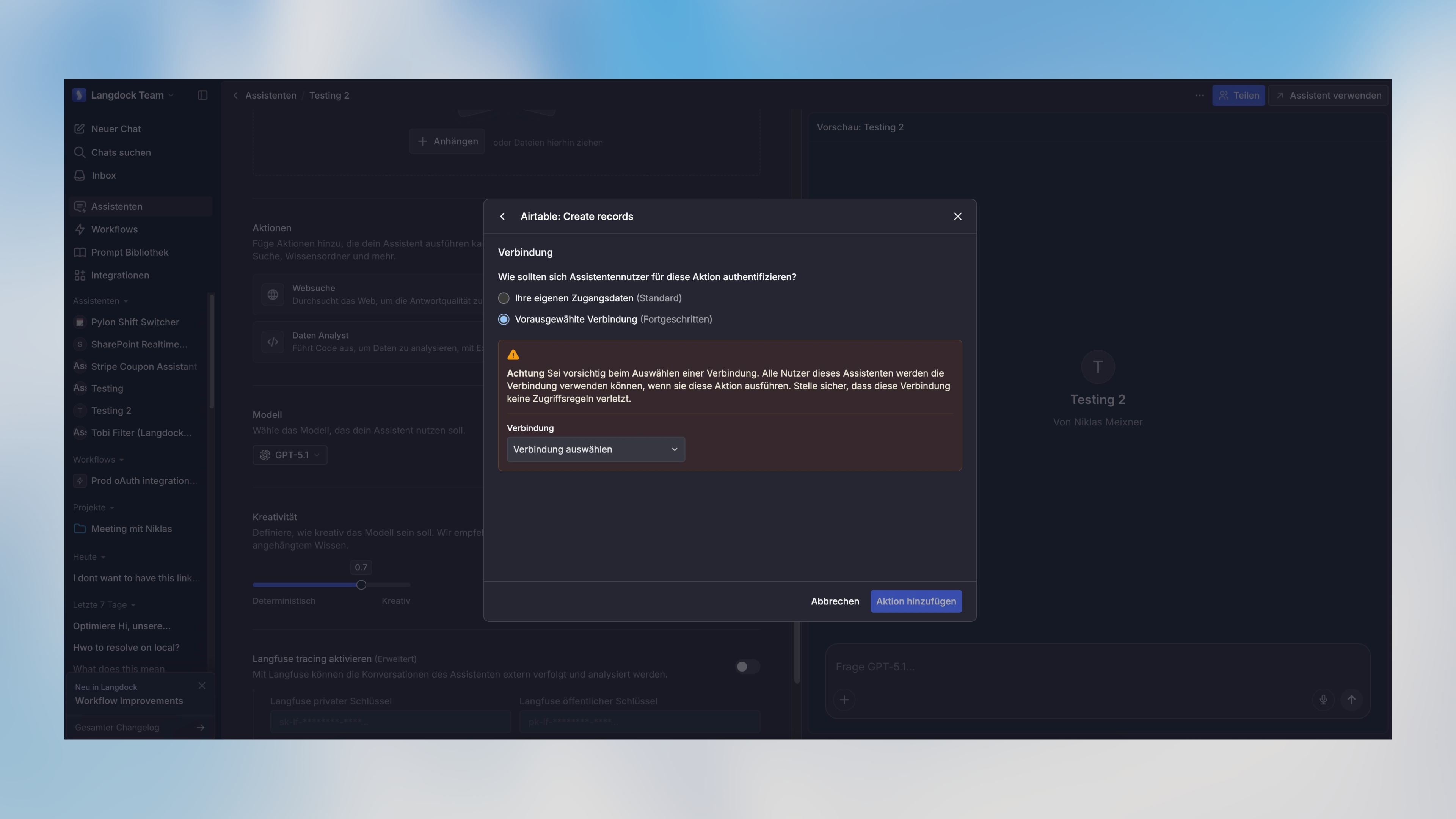 Vorausgewählte Verbindung Einstellung in der Assistentenkonfiguration
