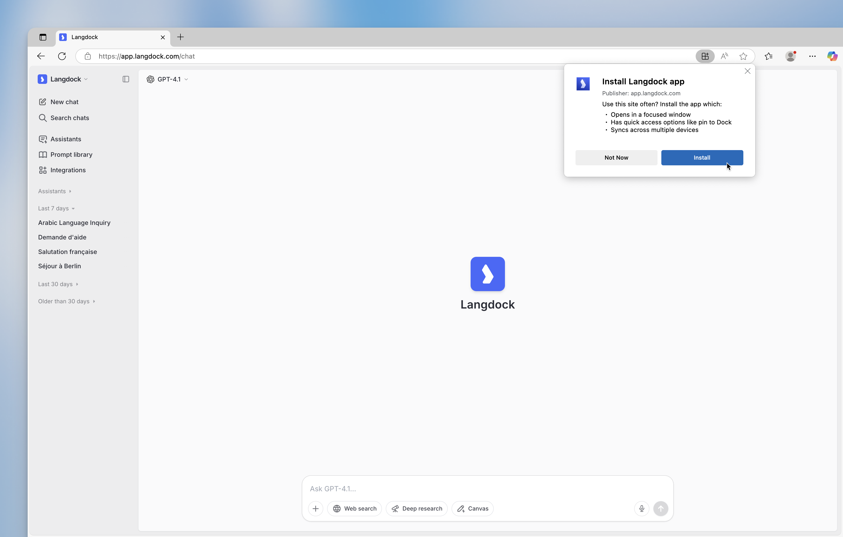 Option 1 to install PWA in MS Edge: Click on the Apps icon in the Search-Bar