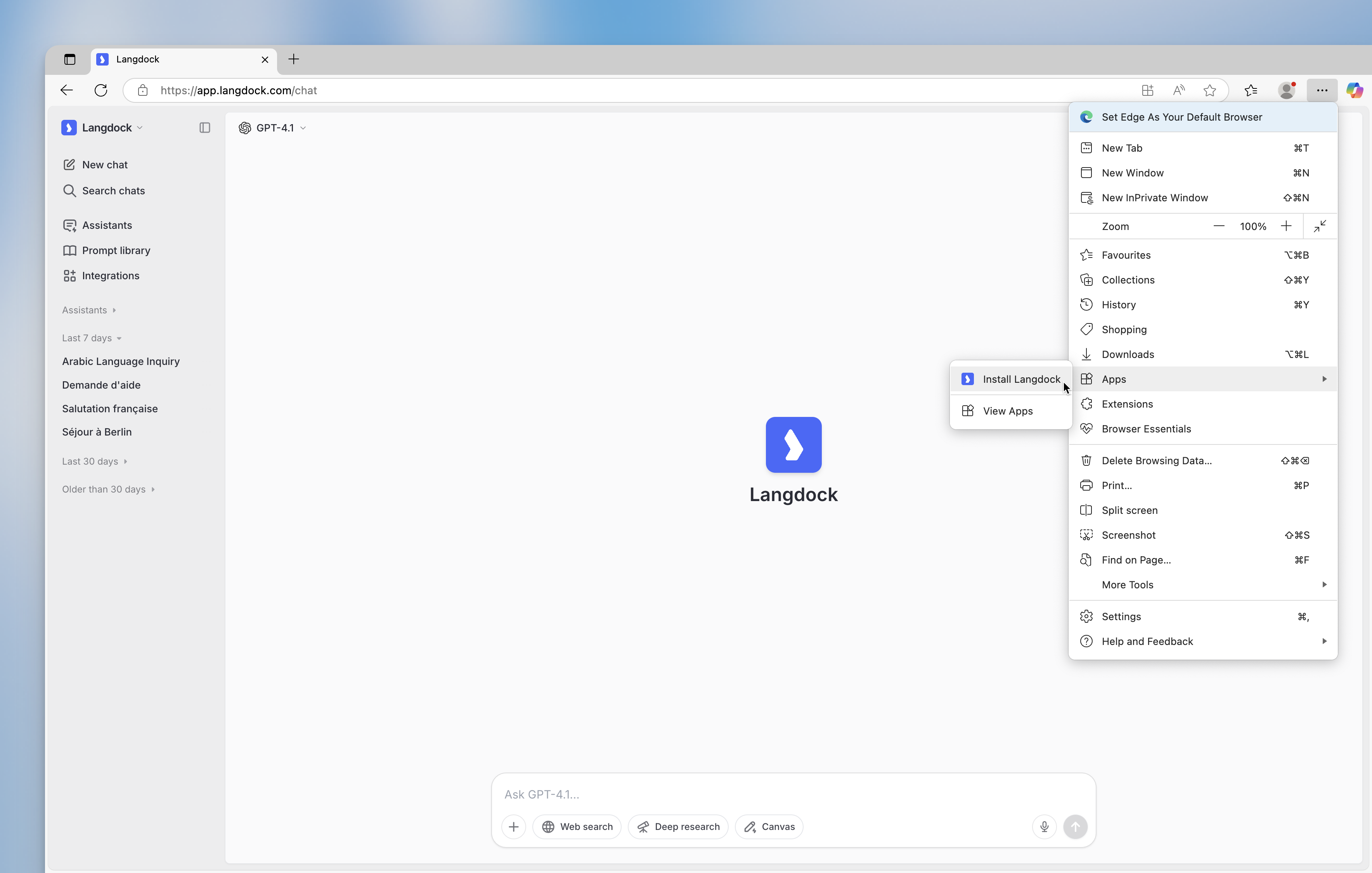 Option 2 to install PWA in MS Edge: "... > Apps > Install Langdock"