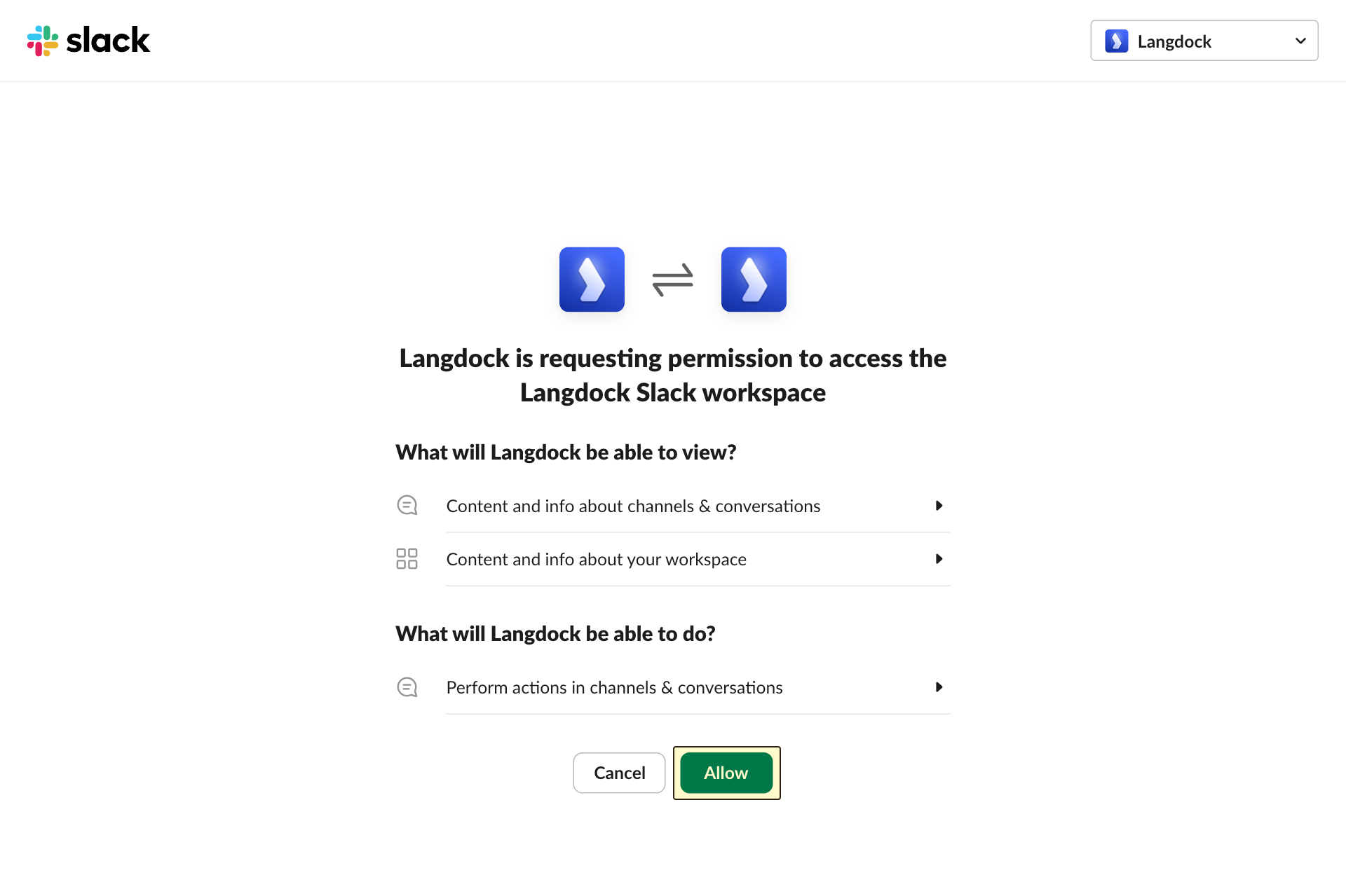 Allow connection to create the connection to the Langdock Slack workspace