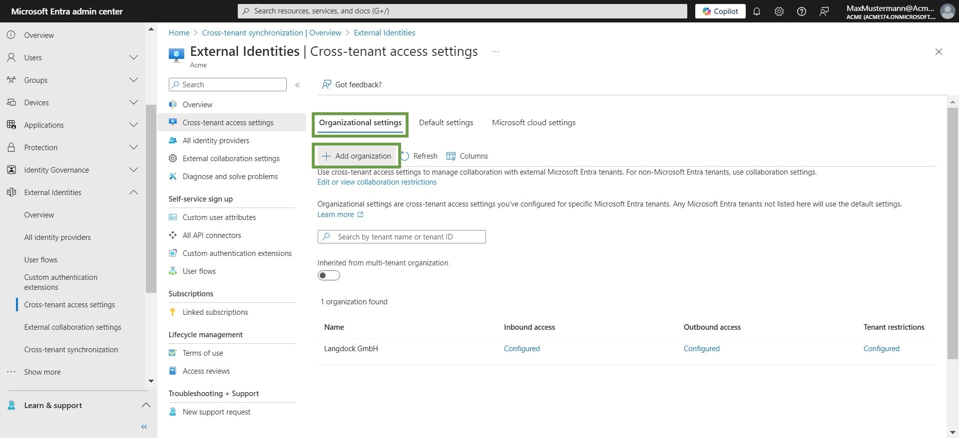 "Switch to the Organizational settings tab. Then, click Add organization"