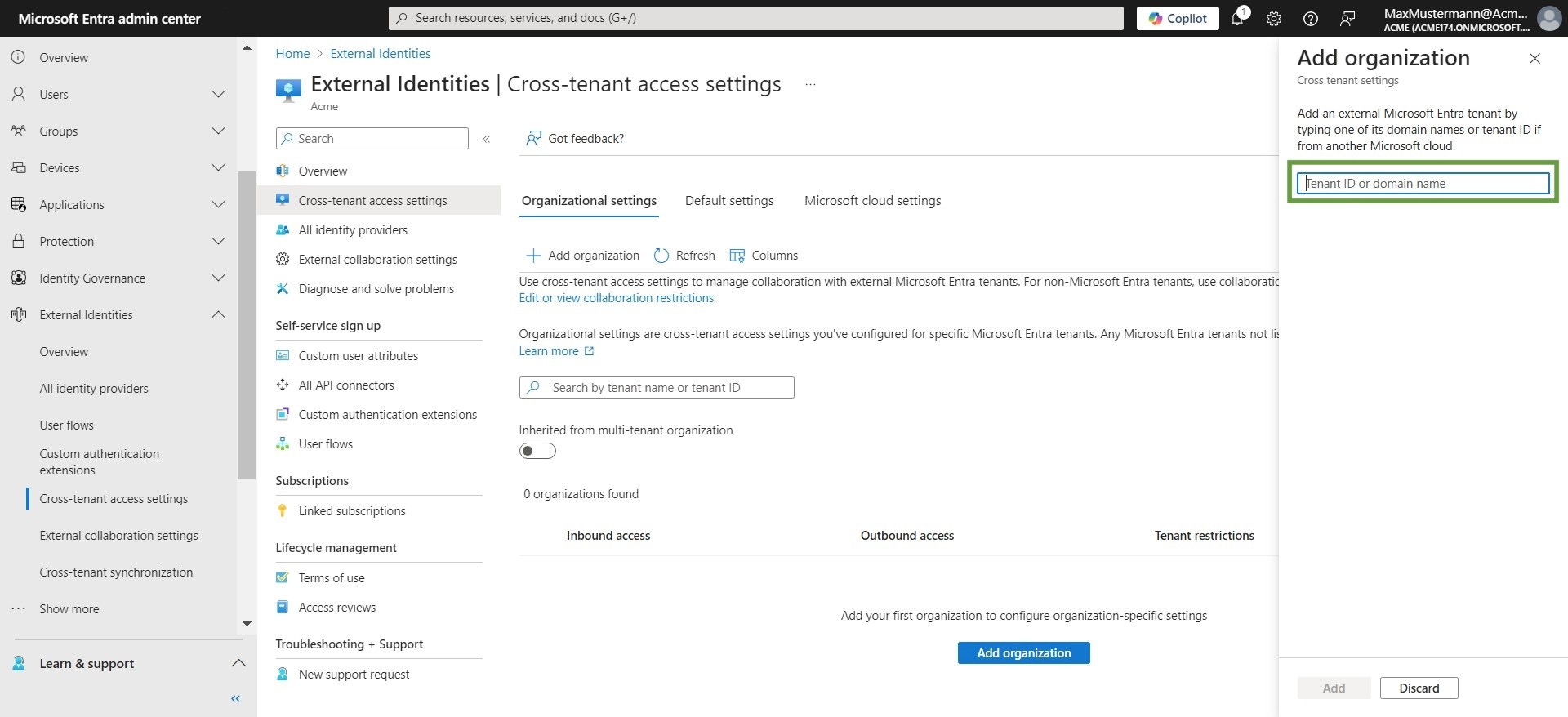 "Click the Tenant ID or domain name field and enter langdock.com"
