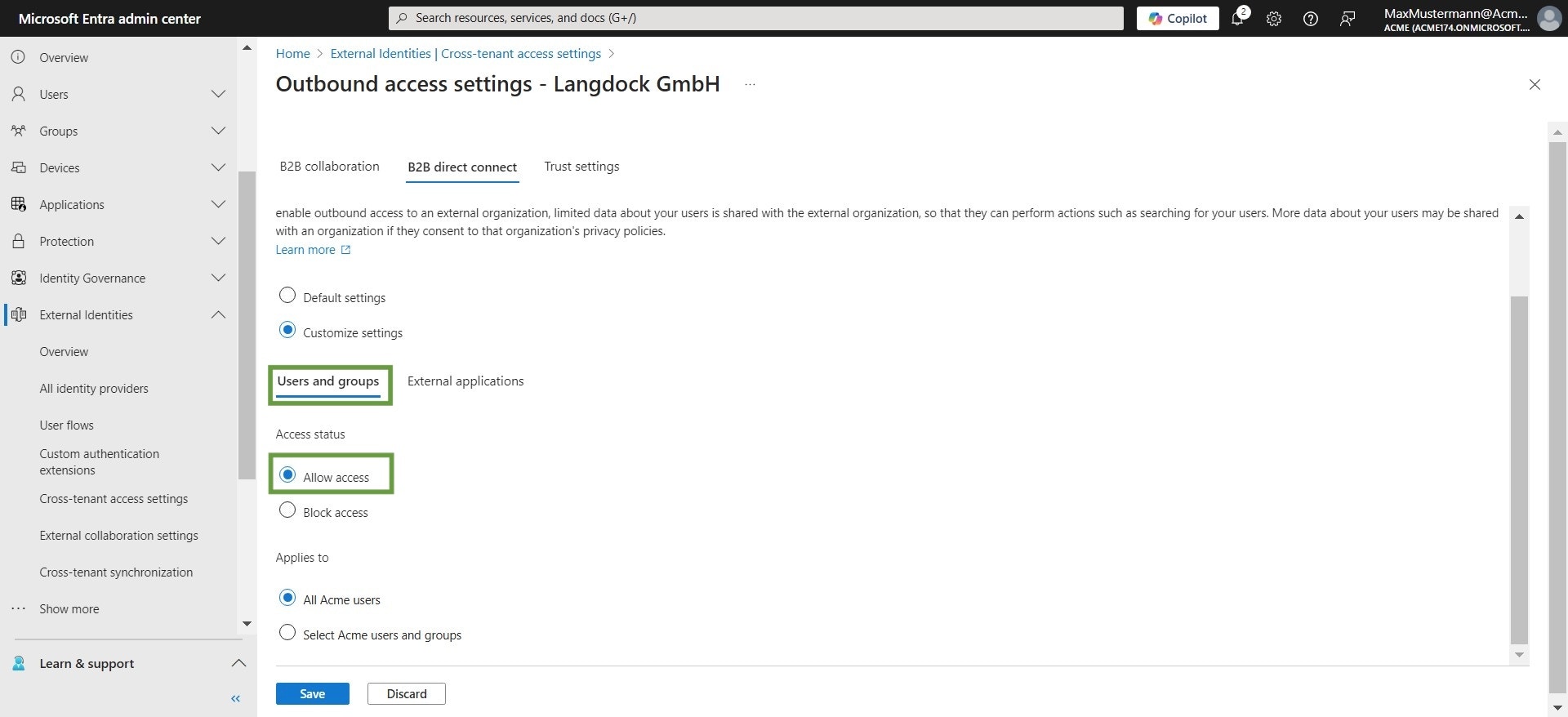 For users and groups, click Allow access