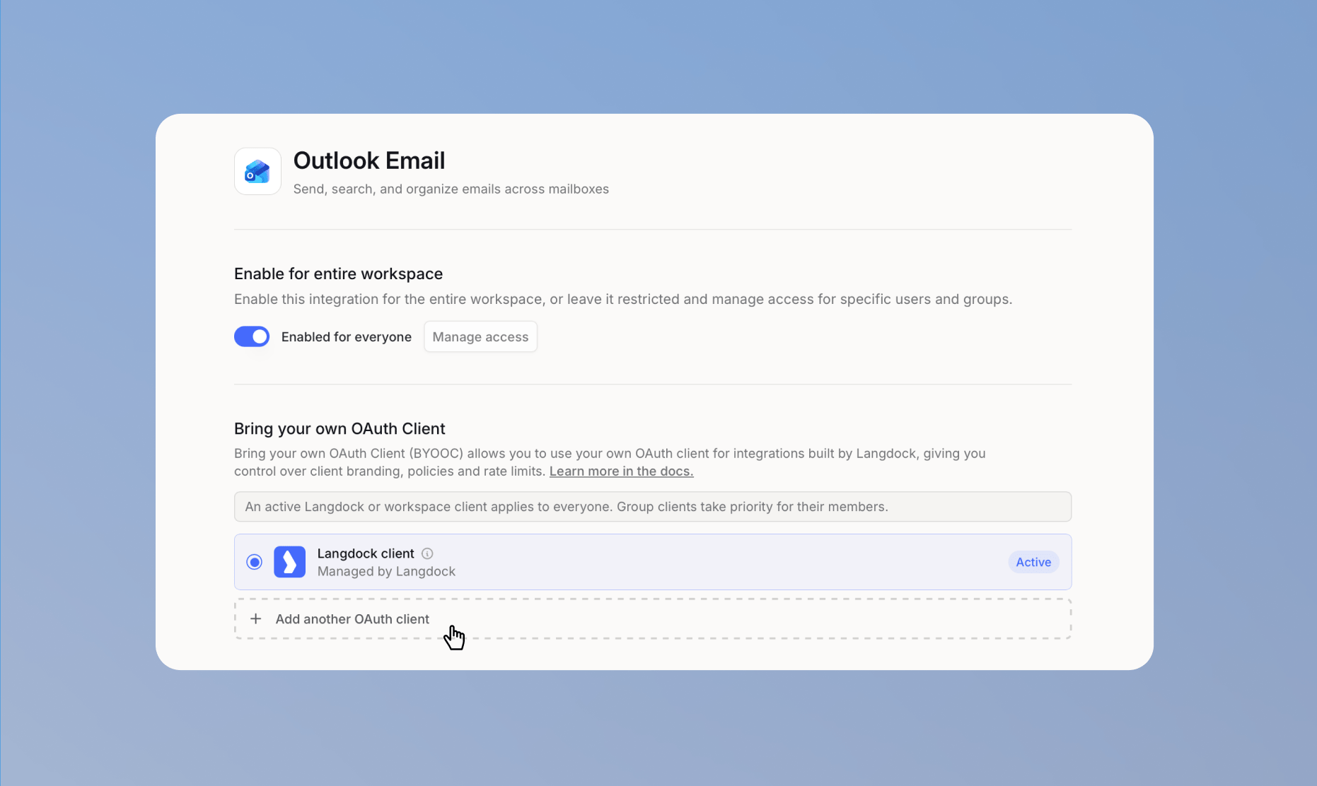 Outlook Email integration settings with Add another OAuth client selected