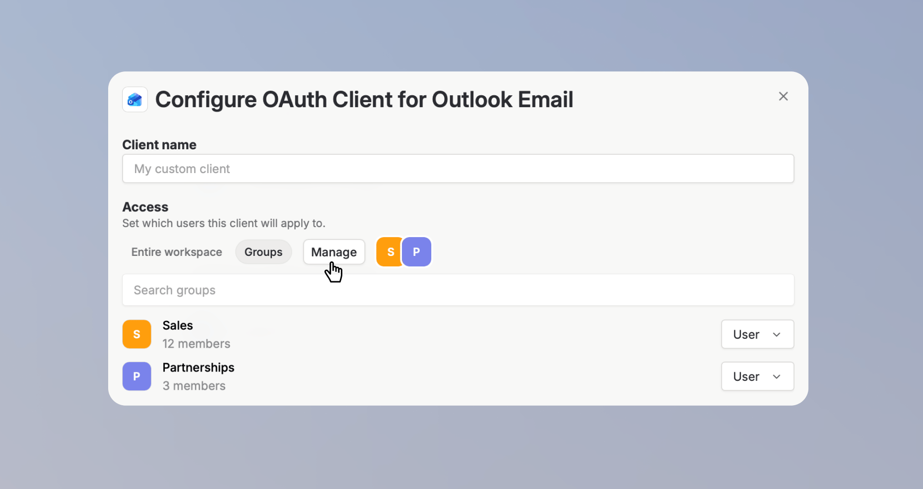 OAuth client access settings with user groups selected
