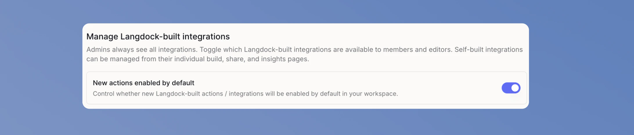The New actions enabled by default toggle in workspace integration settings
