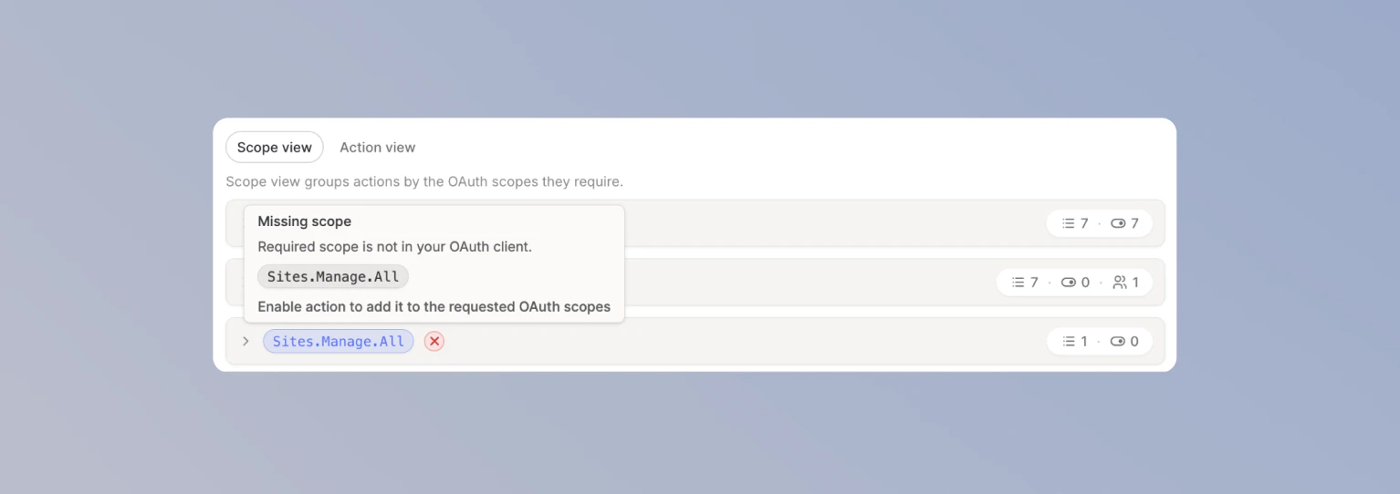 Hover tooltip on a Missing scope badge in the Langdock Client view, showing the message Enable action to add it to the requested OAuth scopes