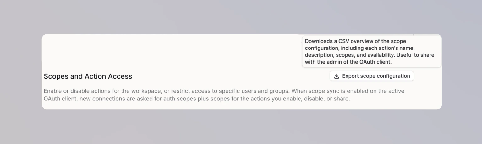 Export scope configuration button at the top of the Scopes and Action Access section, with its tooltip explaining what the CSV contains