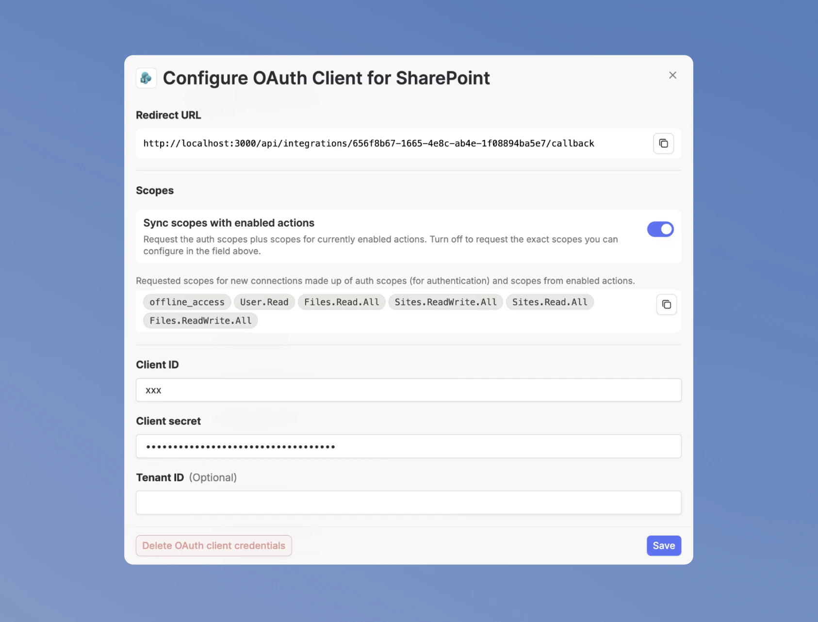 OAuth Client Credentials dialog with the Sync scopes with enabled actions toggle