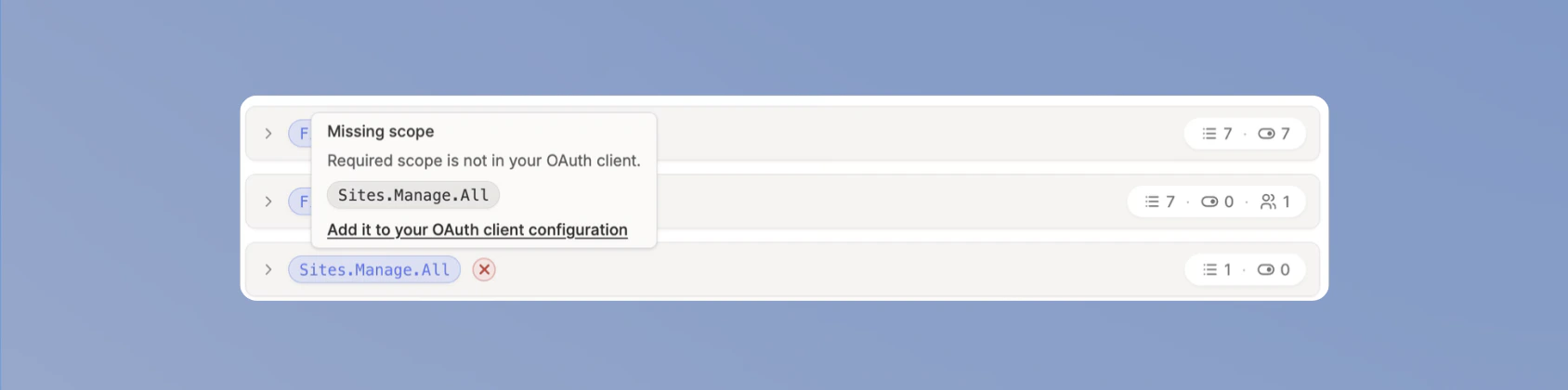 Tooltip on a Missing scope badge showing the Add it to your OAuth client configuration link