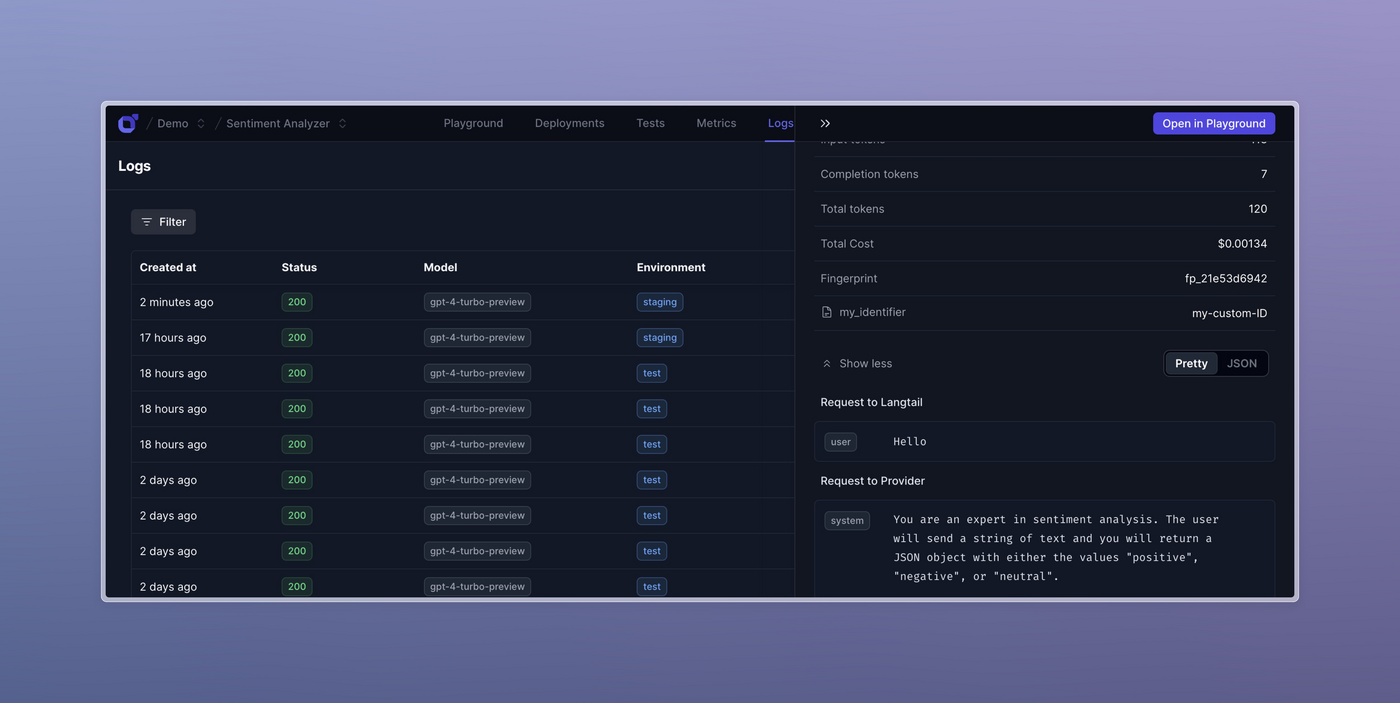 Screenshot of Langtail's logs