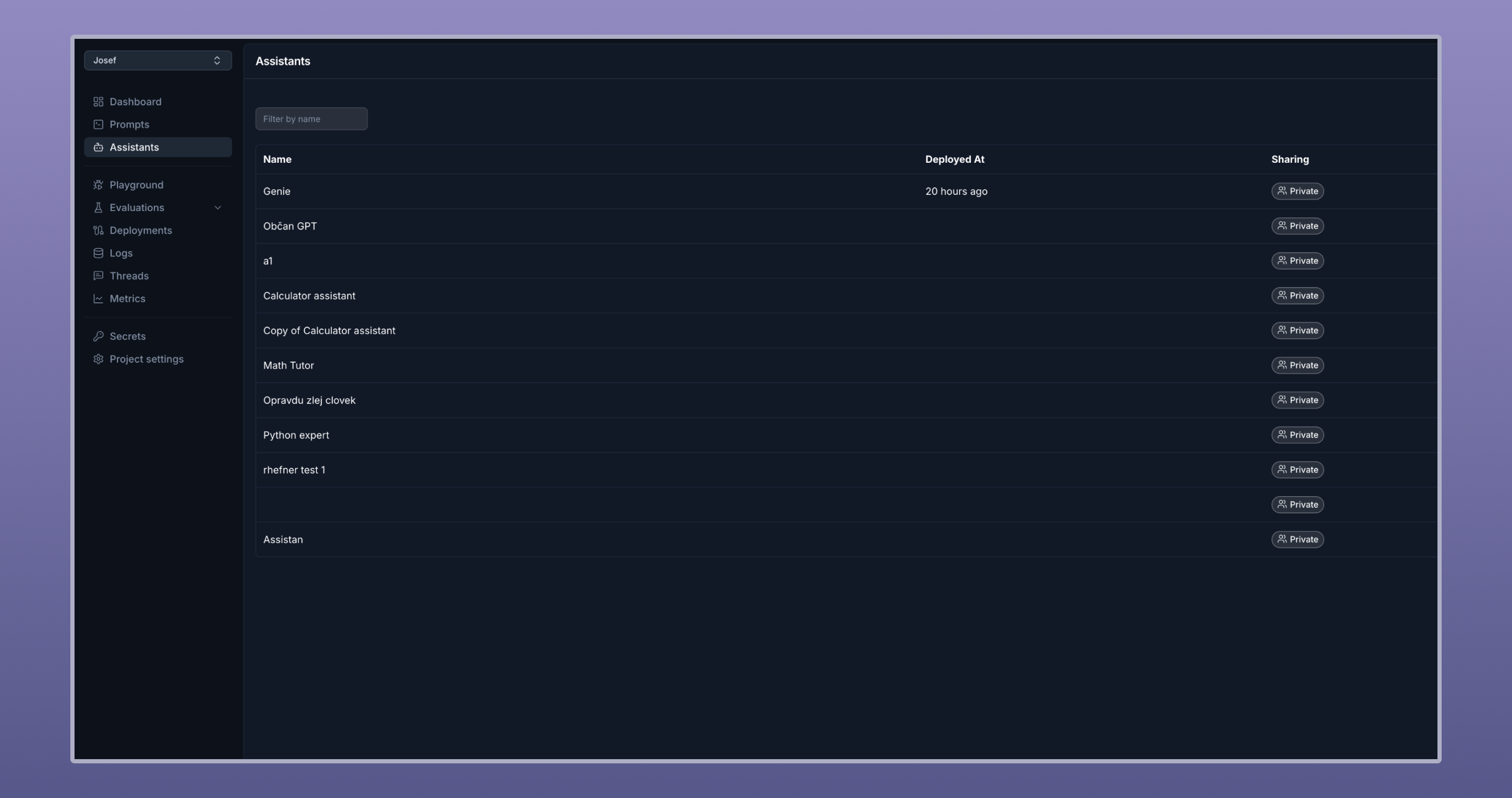 Screenshot of Assistants in Langtail