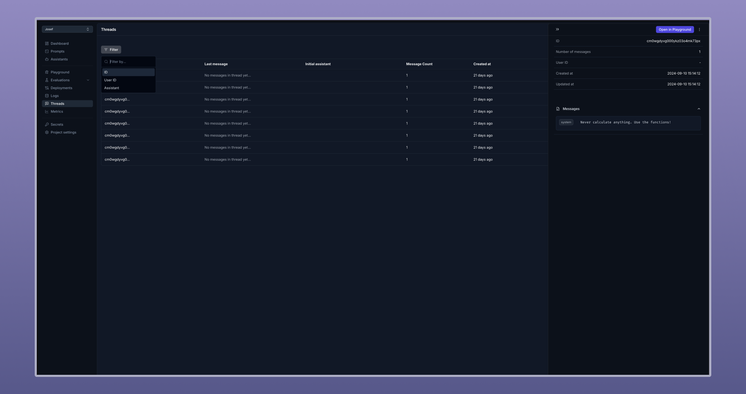 Screenshot of Threads in Langtail