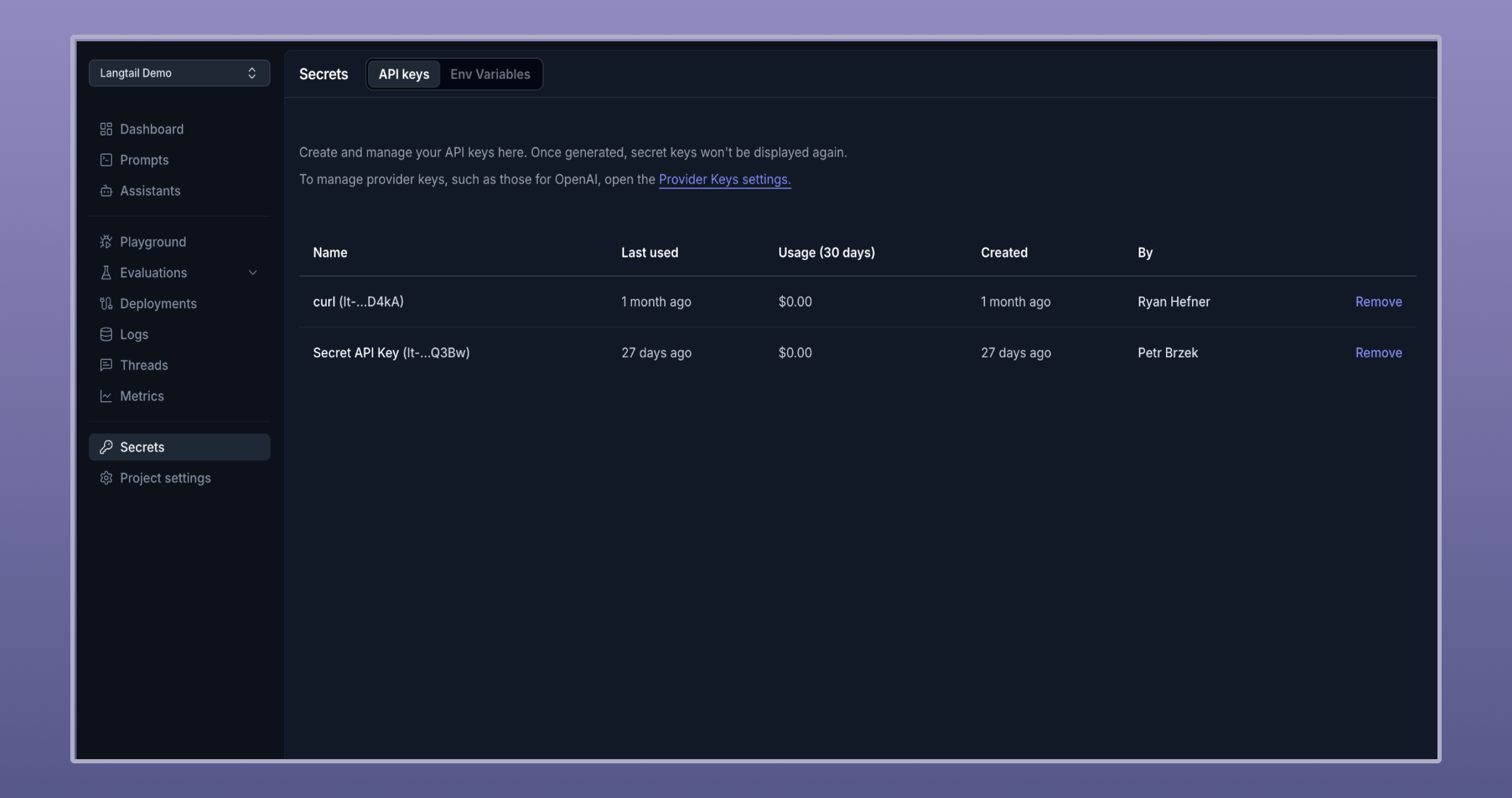 API keys and Env Variables - Langtail Docs
