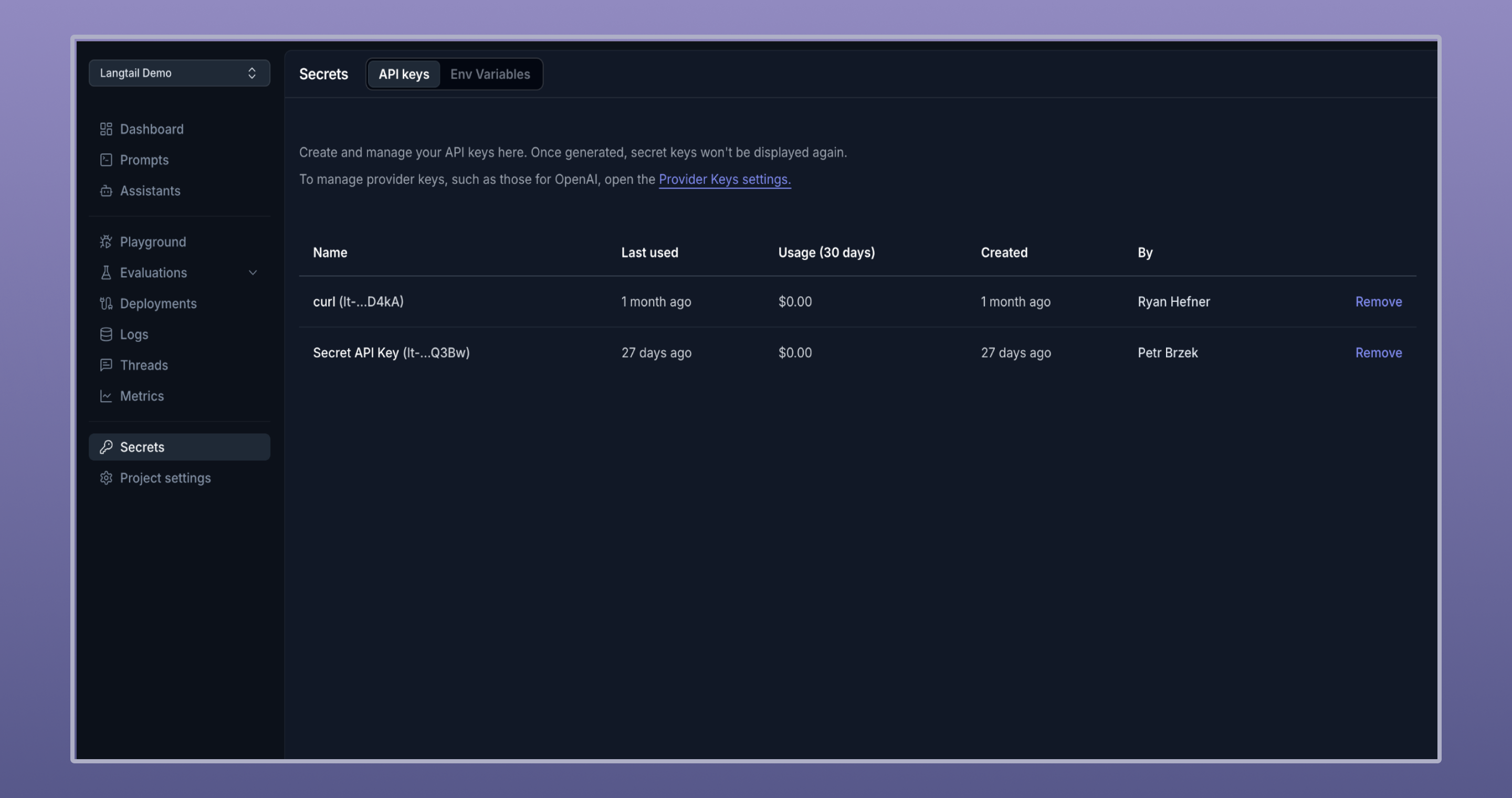 Screenshot of Langtail's API keys section