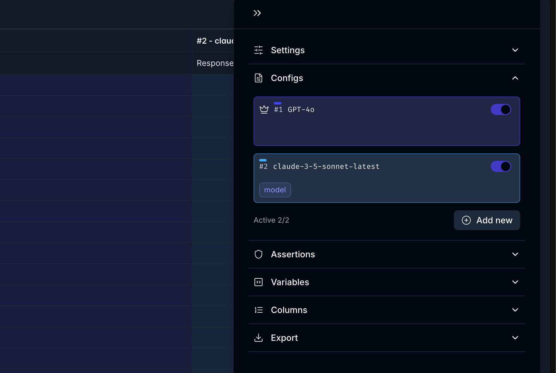 Screenshot of configs tab